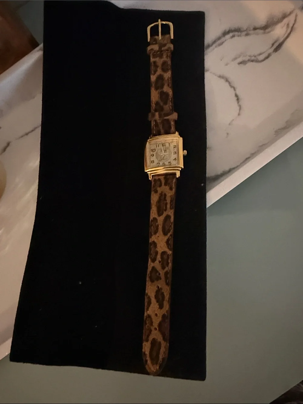 Gold Square Watch with Leopard Print Leather Strap